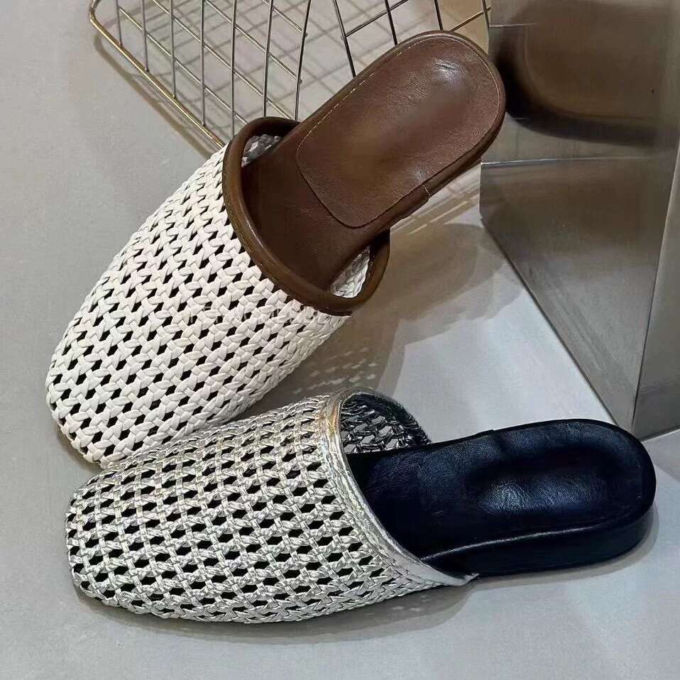 Sheepskin Version~Korean Style Woven Hollow Out Closed-Toe Half Slippers Women 2025 New Summer Thick-Soled Flat Sandals for Outdoor Wear