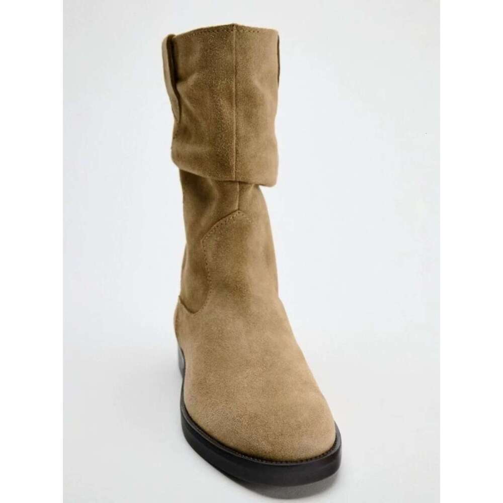 Melard Round Toe Western Cowboy Chunky Heel Thick Sole Mid-Calf Autumn Winter Fleece Lined Slouch Women Boots
