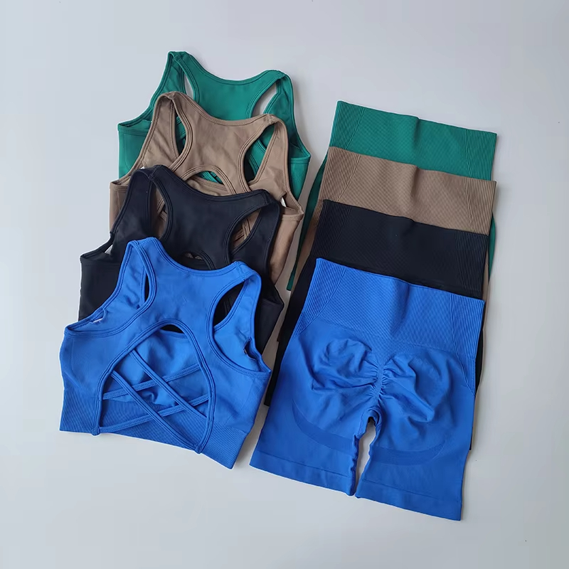 Seamless Yoga Set for Women Sexy Sport Bra High Waist Sports Suit Gym Clothing Fitness Bra Set 2 PCS Shorts Suit Beautiful Back Nude Ribbed Vest Fitne
