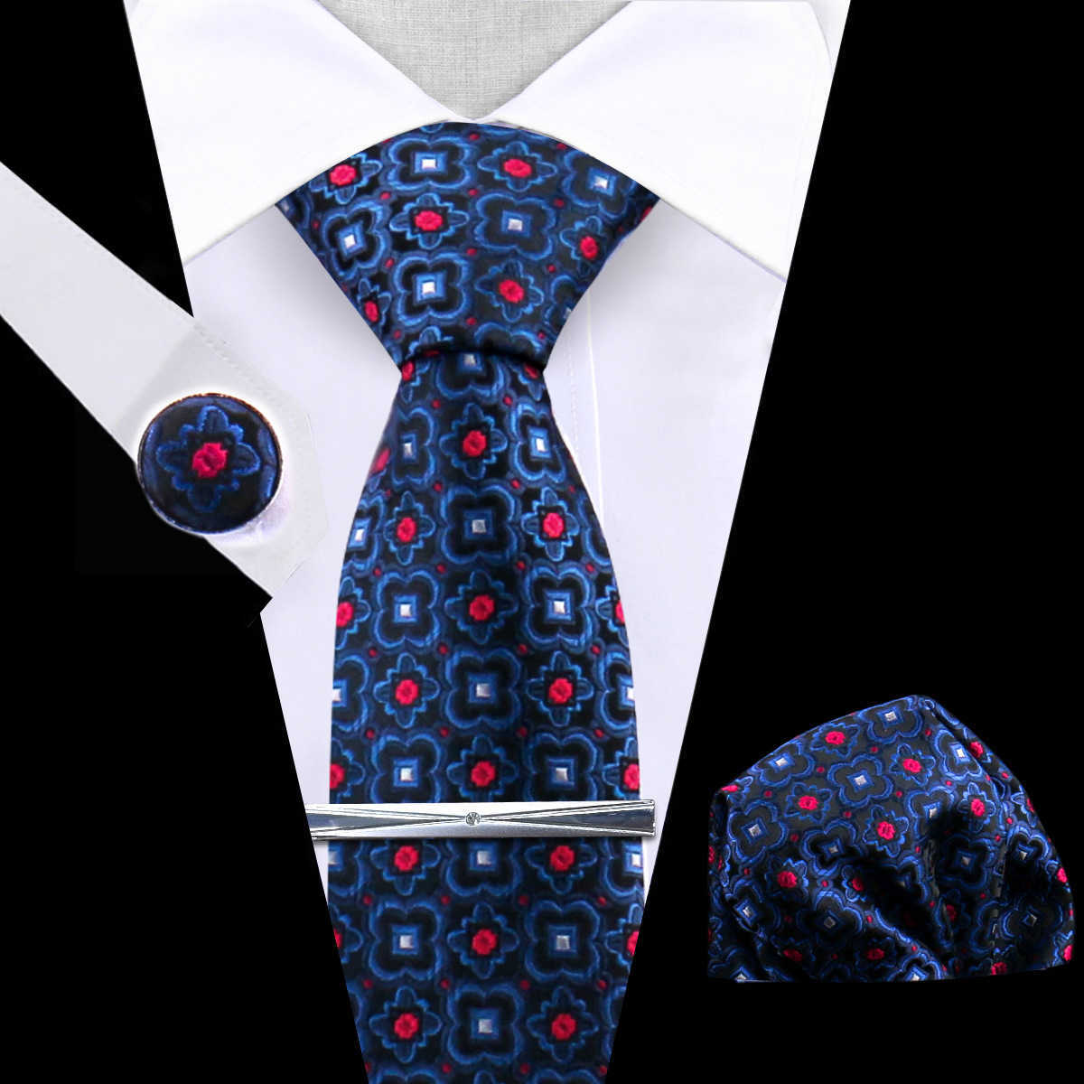 Mens Tie Set Silk Silver Paisley Floral Necktie and Pocket Square Cufflinks Tie Clip Classic Formal Ties for Men Wedding Party X250407