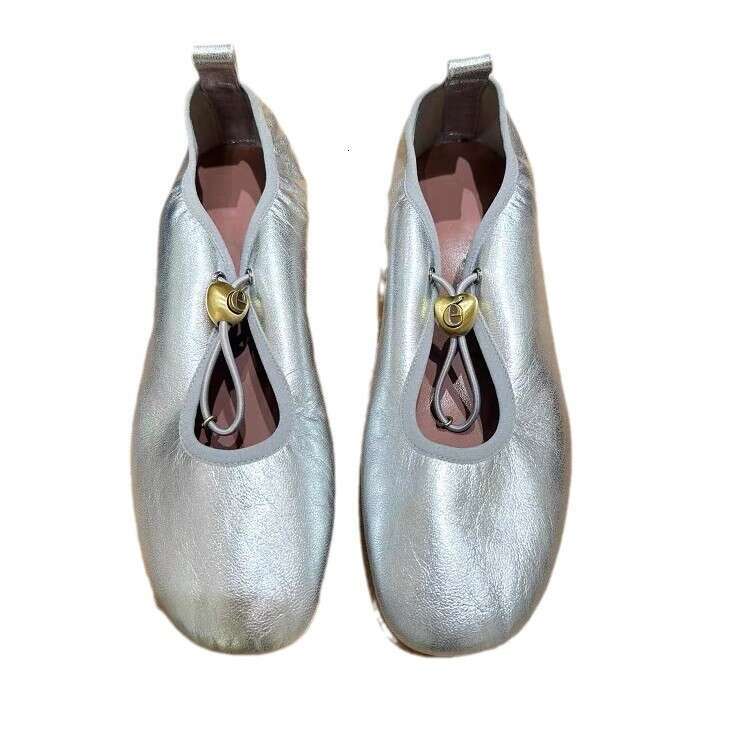 Korean Style Genuine Leather Niche Silver Flat Ballet Drawstring Round Toe Mary Jane Single Shoes Women Spring Autumn New Loafers