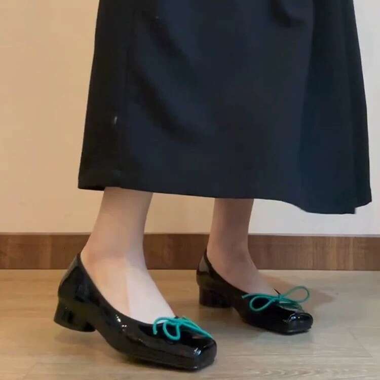French Style Genuine Leather Shallow Mouth Square Toe Bowknot Ballet for Women 2025 Spring New Versatile Chunky Heel Loafers Single Shoes