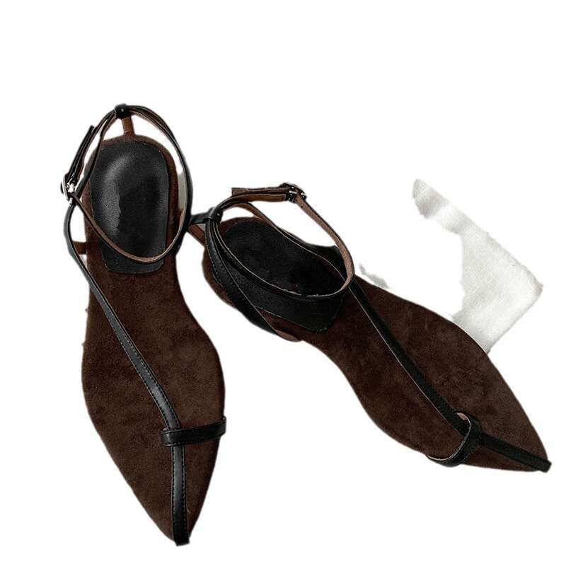Genuine Leather French Niche High-End Pointed Leaf-Shaped Toe Ring for Women Summer Vacation Low Heel Flat Thin Strap Sandals