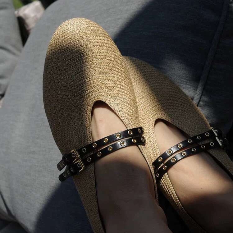 Genuine Leather French Style Straw Woven Double Strap Round Toe Shallow Mouth Flat Ballet Flats Women 2025 Spring Mary Jane Shoes