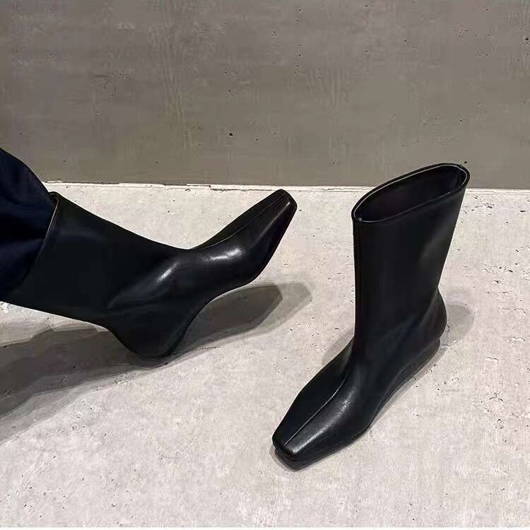 Genuine Leather Korean Style Square Toe Flat Mid-Calf Short for Women 2024 Autumn Winter New Versatile Western Cowboy Boots