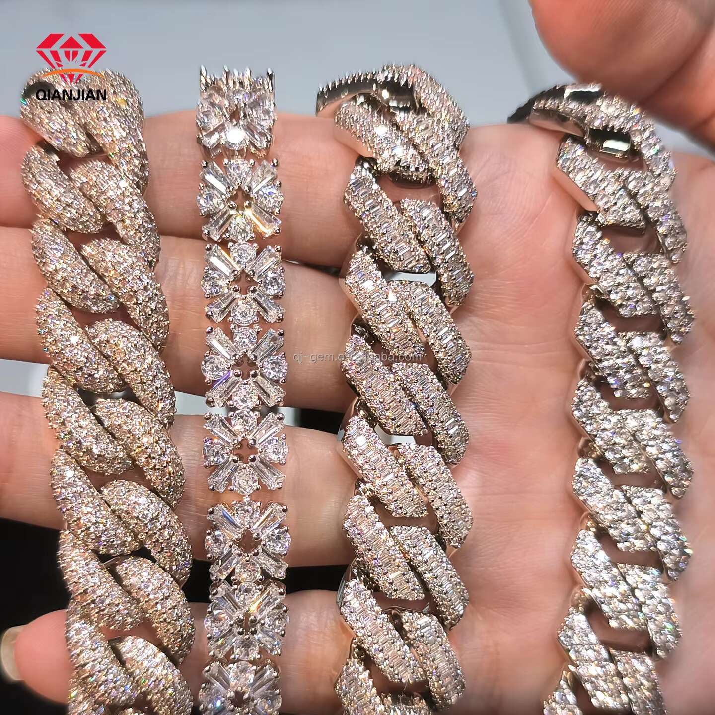 Qianjian Custom Hip Hop Moissanite Cuban Link Chain 925 Silver Diamond Iced Out Necklace