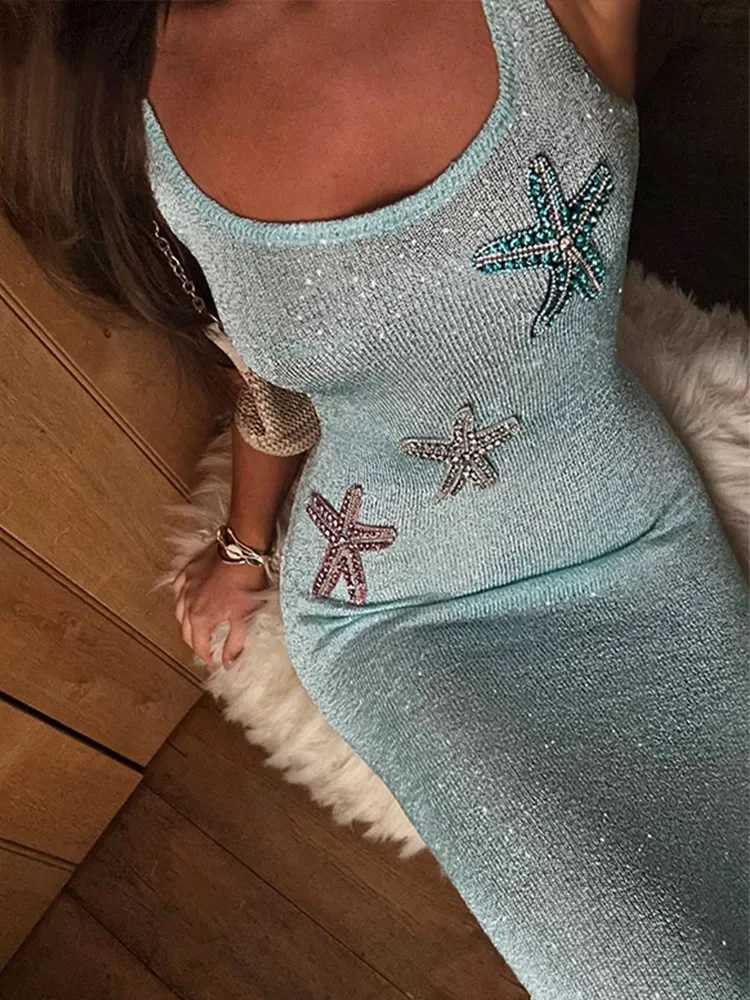 Star Pattern Knitted Sequins Long Dress Women Sleeveless O-neck Solid 2025 Summer Fashion Slim Dresses Vacation Party Vestidos XJ250529