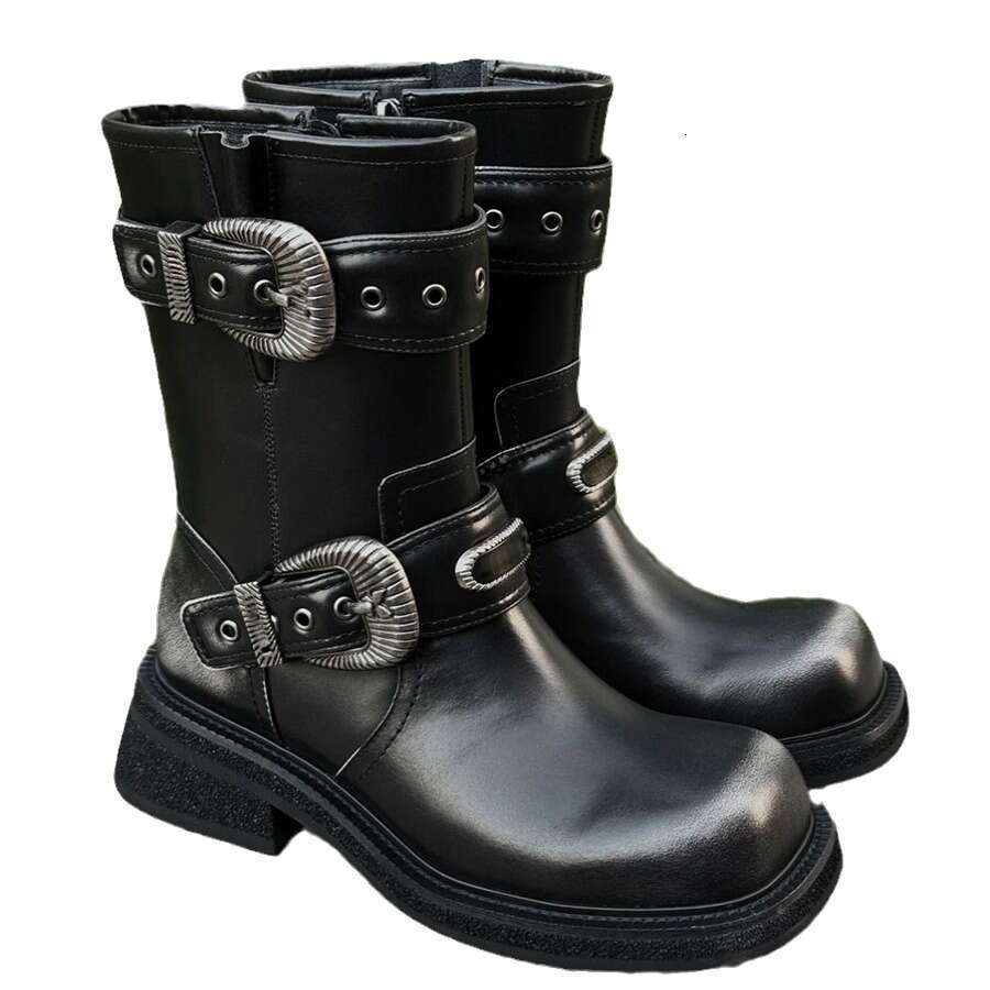 Milad Style Tube Riding Boots, Distressed Martin for Women, Autumn and Winter Thick Sole Chunky Heel Belt Buckle Short Boots