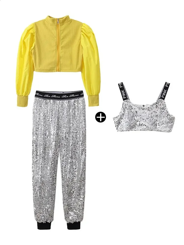 Girl Jazz Dance Costume Clothes Kid Hip Hop Clothing Yellow Puff Sleeve Crop Top T Shirt Tank Silver Sequined Casual Pants 250528