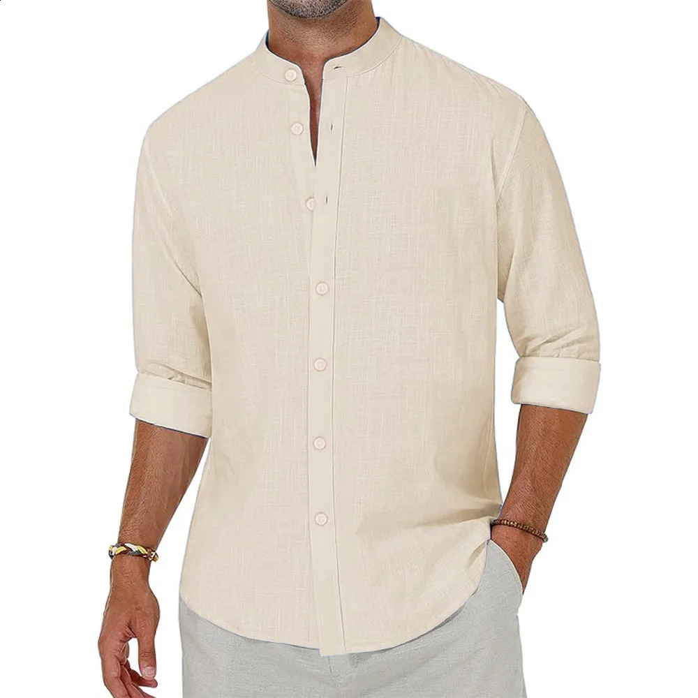 Mens Cotton Linen Shirts Long Sleeve Button Down Shirt Henley Collar Beach Shirts Hawaiian Vacation Casual Tops Men 250528