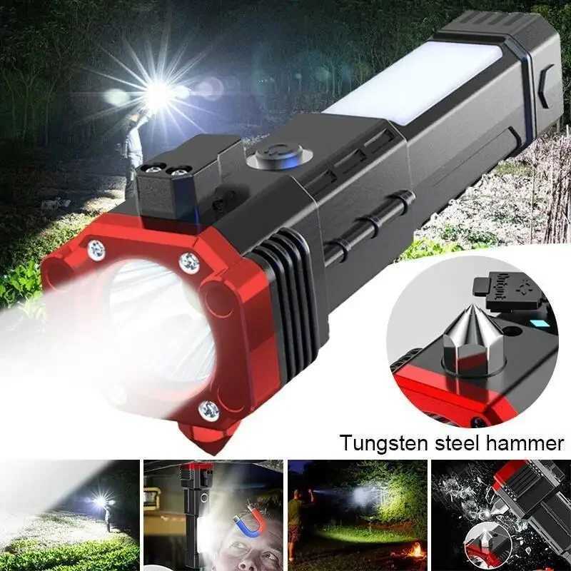 LED Flashlights Tactical Torch Rechargeable Portable Spotlight Long-Range Camping Flashlight With Safety Hammer COB SidelightXJ250529