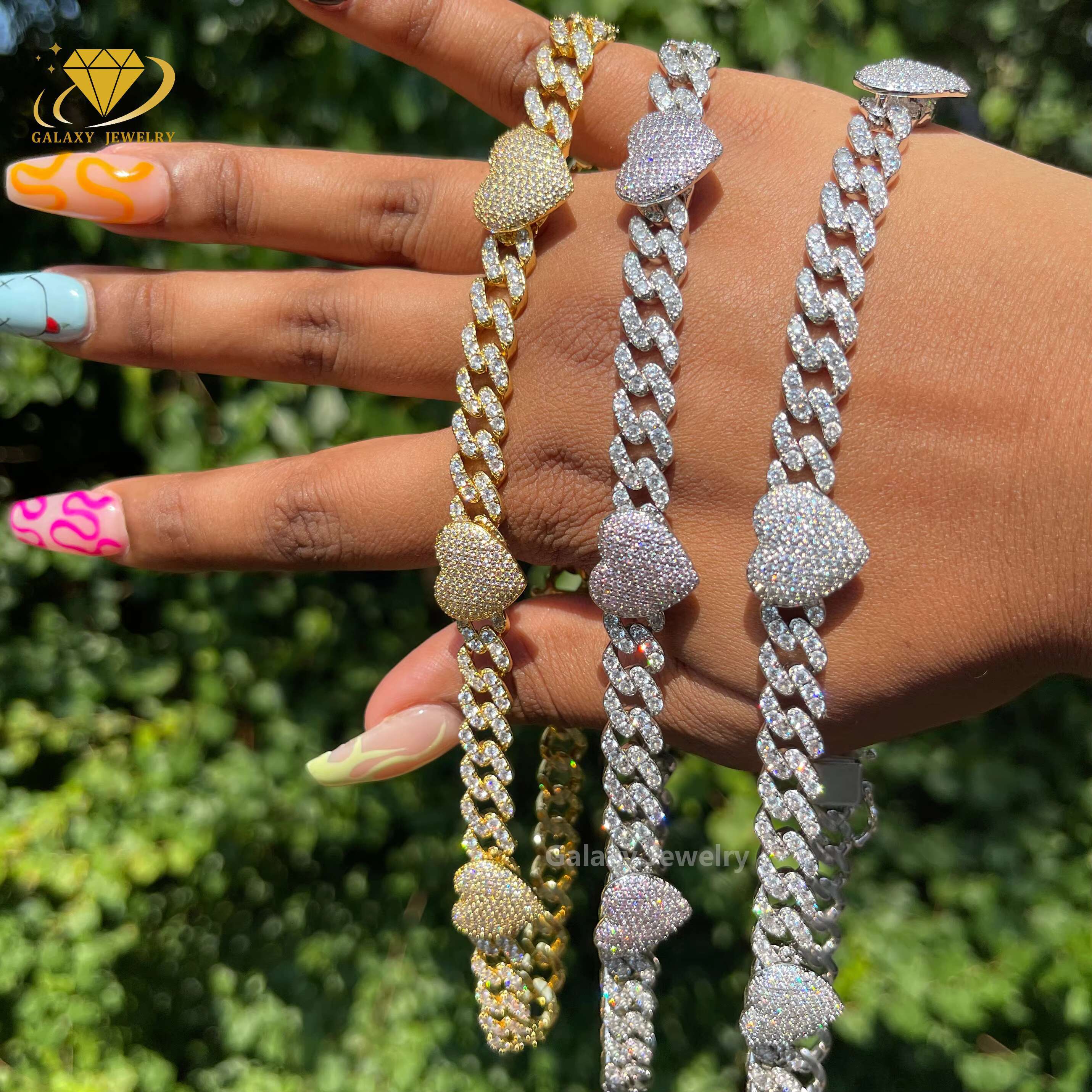 High Quality Heart Shaped Cuban Link Necklace Bracelet 14mm Moissanite Iced Out Diamonds 925 Sterling Silver Cuban Link Chain