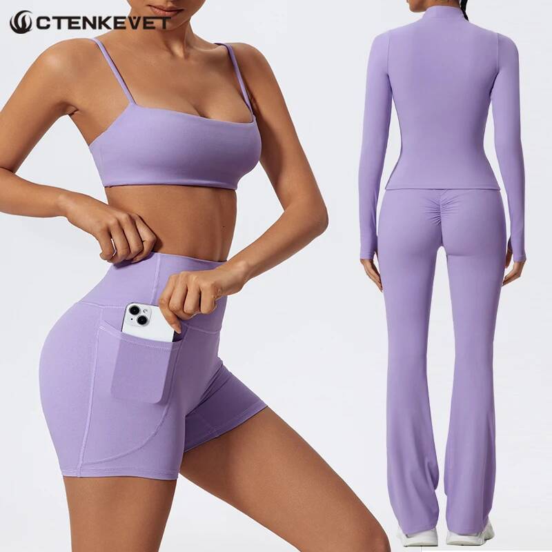 Ctenkevet 2Pcs Sports Suit Half Zipper Long Sleeves Slim Yoga Set Female Flared Activewear Gym Workout Sportswear Women