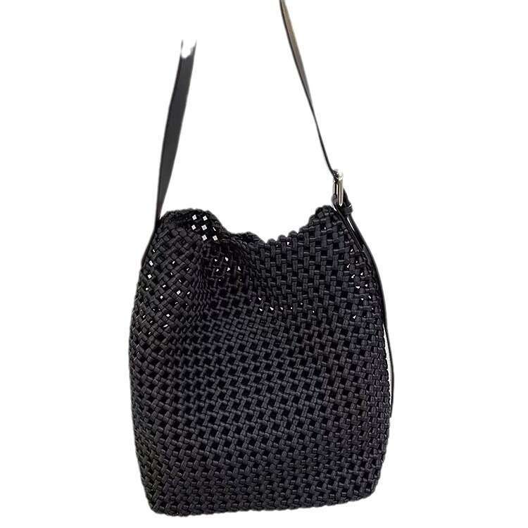 Tote Bag Niche Design Nylon Woven Bucket Large Capacity Hollow Out Wide Strap Single Shoulder Letter Tote Bag Shoulder Bag Braided Handbag
