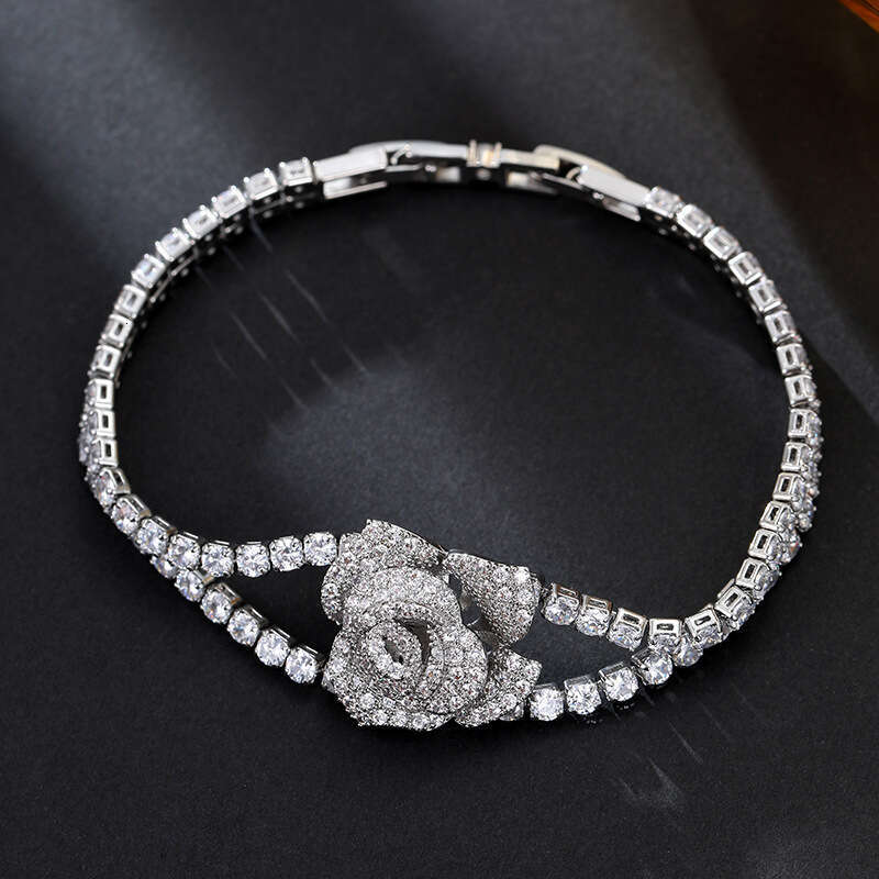 High-End Niche Design Micro-Paved Zircon Camellia Bracelet Super Shiny Elegant Evening Socialite Bangle Jewelry
