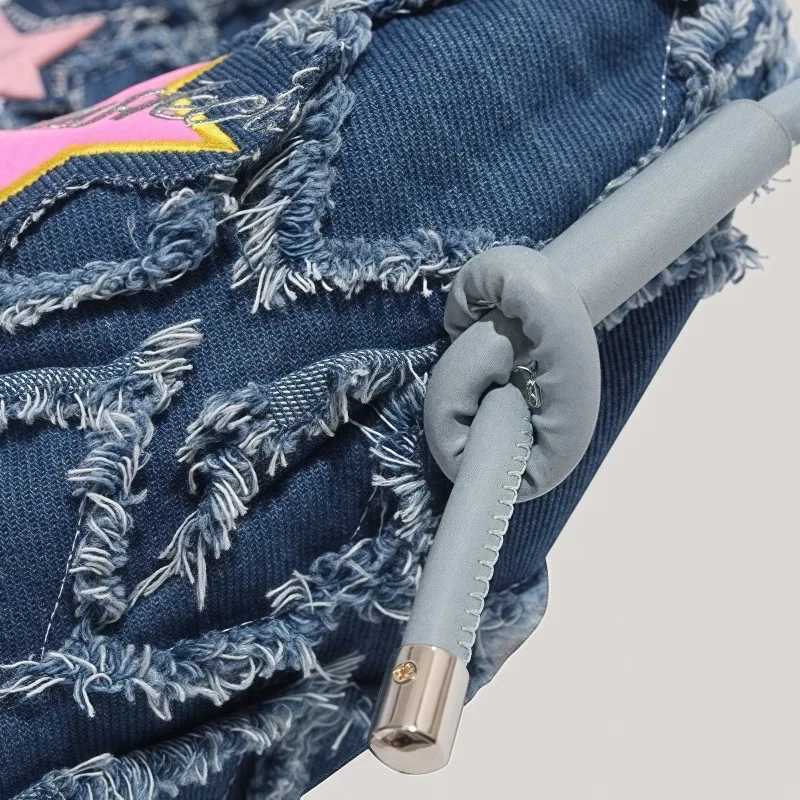 y2k Hot Girl style pink five-pointed star applied-designed fringed denim crossbody bag A-DH XJ250604