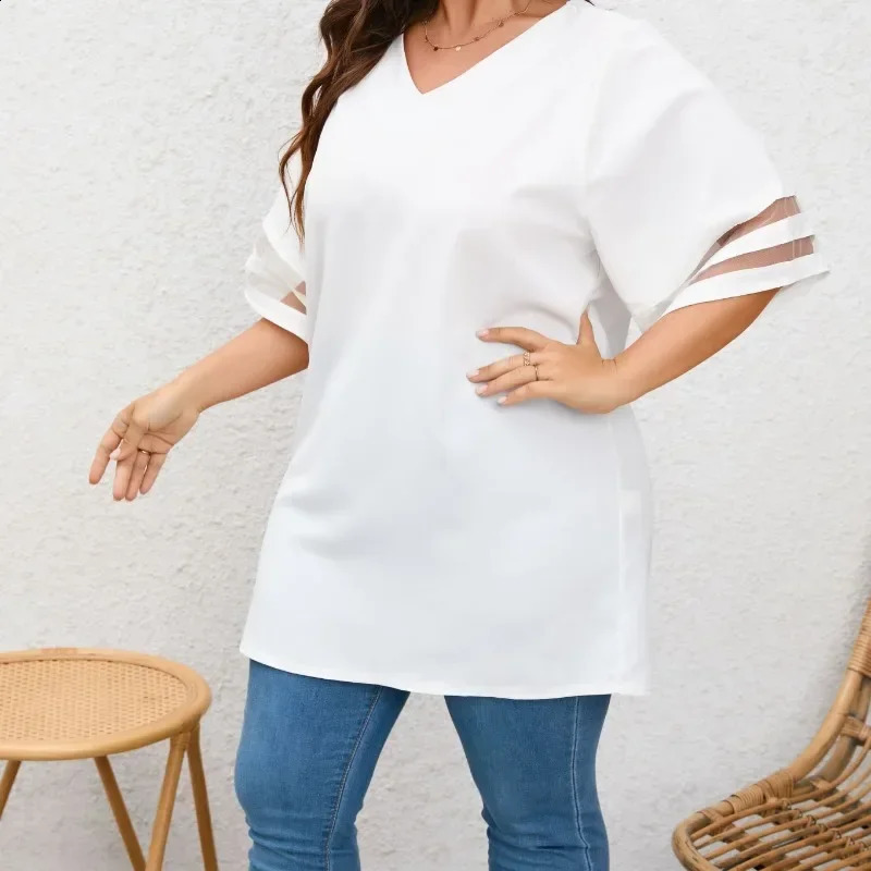 Plus Size1XL5XL Women Summer Loose VNeck Ladies Mesh Stitching 34 Sleeve Casual Holiday Blouse Tunic Shirts Tops 250519