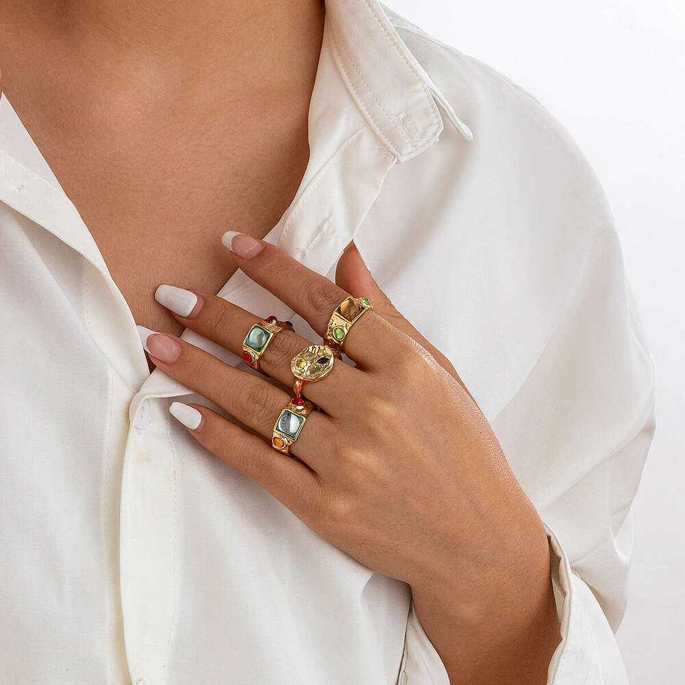 Jewelry Fashion Colorful Inlaid Geometric High-end Irregular Alloy Ring