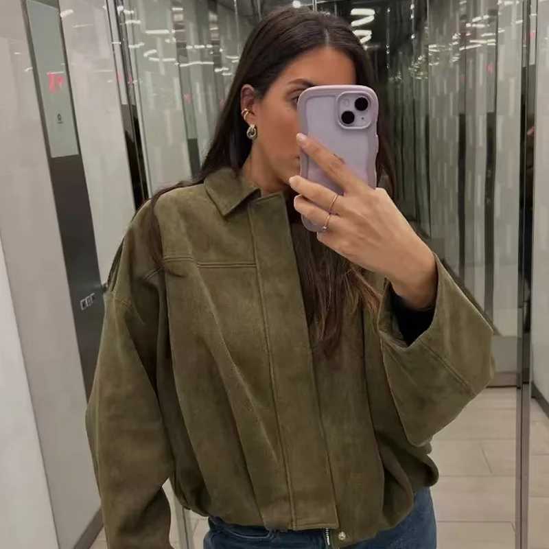 TRAF Woman 2025 Suede Bomber Jacket Green Khaki Outerwear Womens Jacket Spring Crop Oversize Long Sleeve Coats Chic Jacket 066 T250529