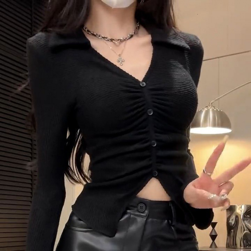 Designer Clothing Spicy Girl Slim Fit Women's Long Sleeved Knitted Shirt 2025 Solid Color Horse Designer Women's Top New Style