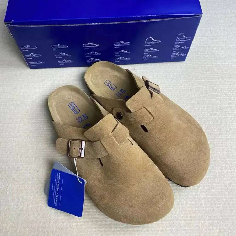 2025 Boston Clogs Big Size Eur35-46 Summer Beach Slippers Flat Slides Soft Footed Platform German Slipper Fur Suede Leather Slippers Nubuck Wood Cork Bostonclogs