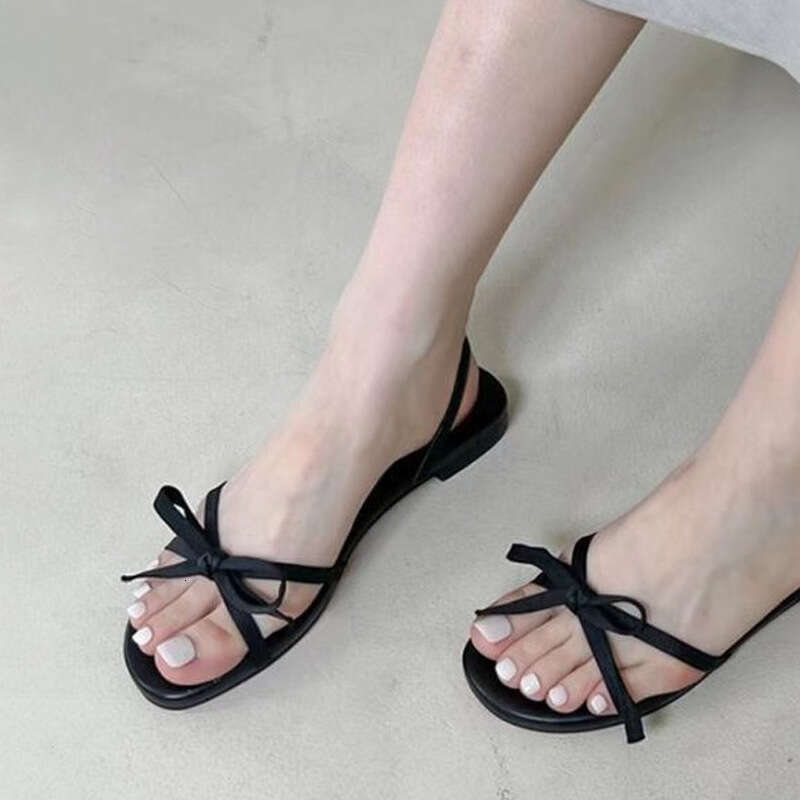 Korean Style Genuine Leather Simple One-Strap Bowknot Open-Toe Flat Sandals for Women Summer New Two-Way Wear Slippers