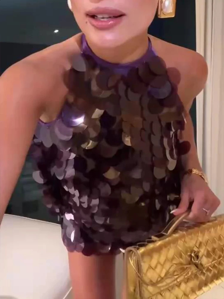 Halter Sequined Mini Dress Large Backless Sexy Slimming Hanging Neck Gown Sleeveless Strap Vest Short Dresses Womens Clothing 250522