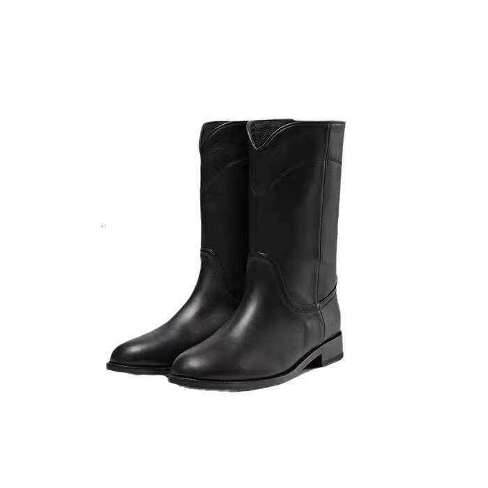 Genuine Leather Korean Style V-Cut Wide Mid-High Tube Flat Martin Mid-Calf Women 2024 New Autumn Winter Riding Boots