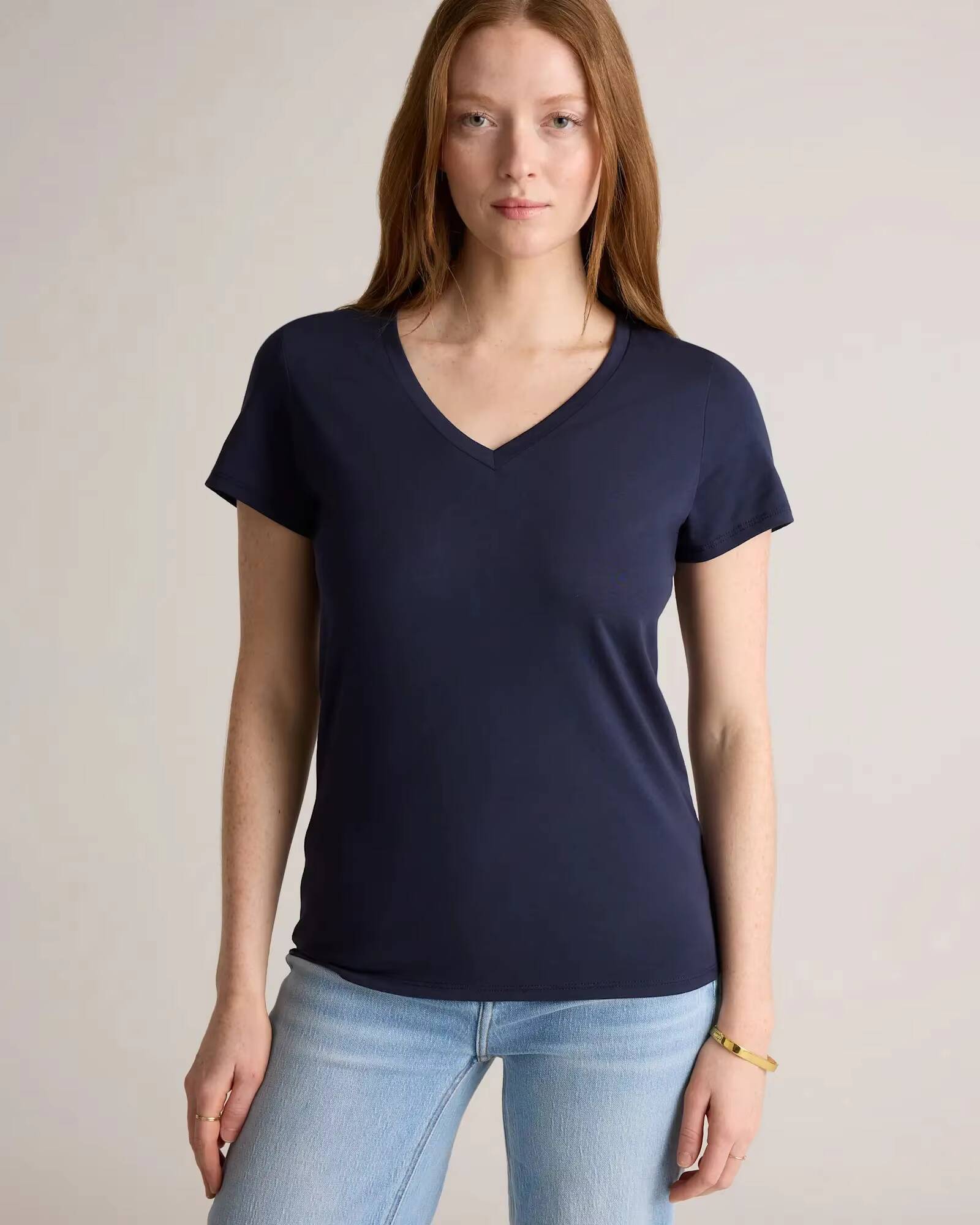 Logo High-Quality Blue Short Sleeve Premium Cotton V-Neck Women's T-Shirt