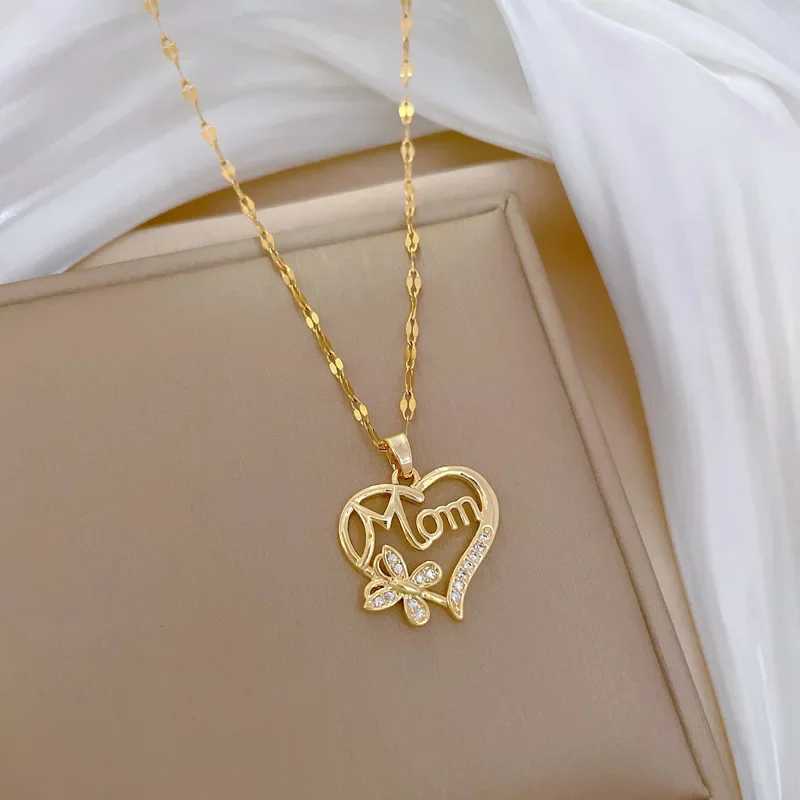 Fashion Heart Butterfly Mom Zircon Pendant Necklaces for Women Stainless Steel Jewelry Accessories Mothers Day Gifts for Lover XJ250528
