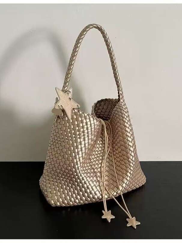 Tote Bag Braided Handbag Trendy Live Champagne Color Woven Tote For Women Large Capacity Genuine Leather Handbag Shoulder Bucket Bag Shoulder Bag