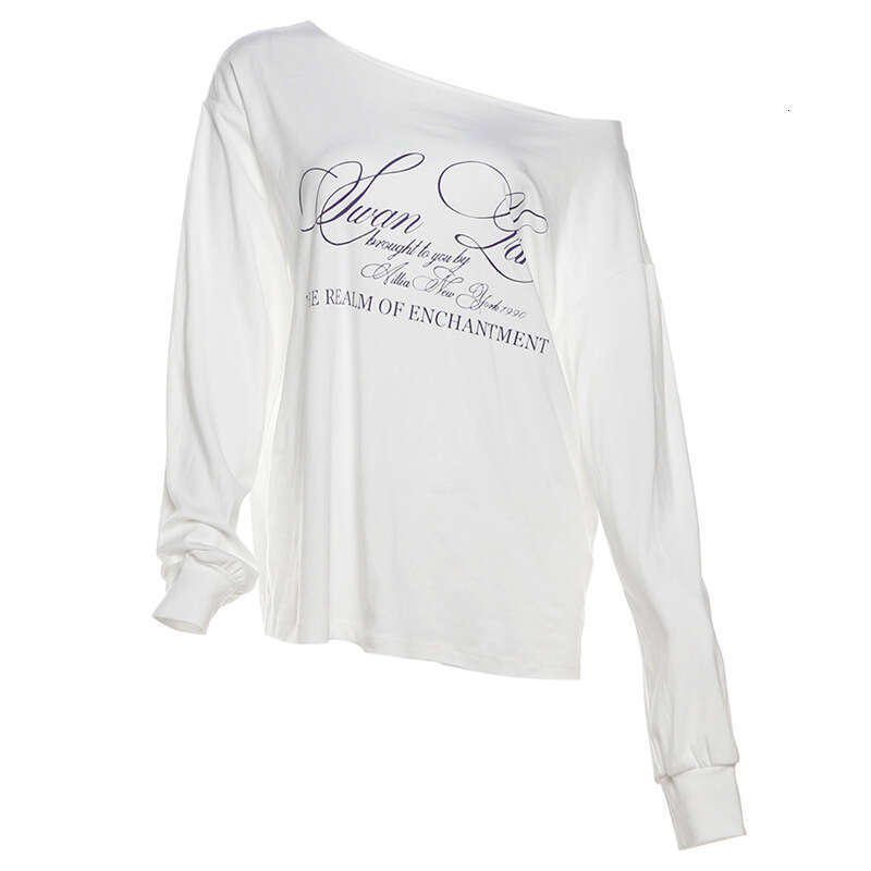 Summer New Women's American Street Fashion Letter Print Asymmetric Shoulder Loose T-Shirt Top B5