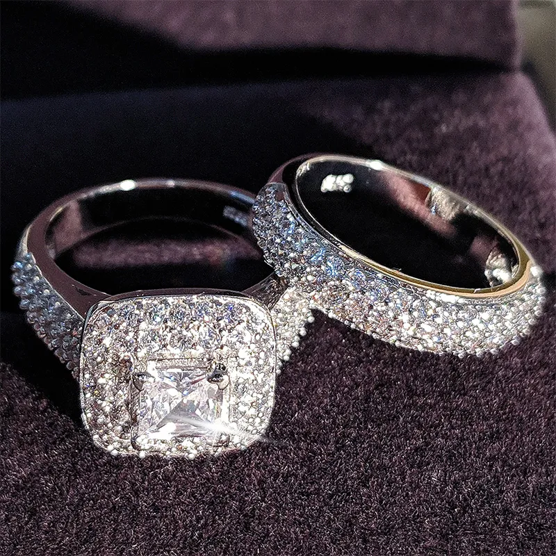 Vecalon 188pcs Topaz Simulated diamond cz 14KT White Gold Filled 3-in-1 Engagement Wedding Band Ring Set for Women Sz 5-11