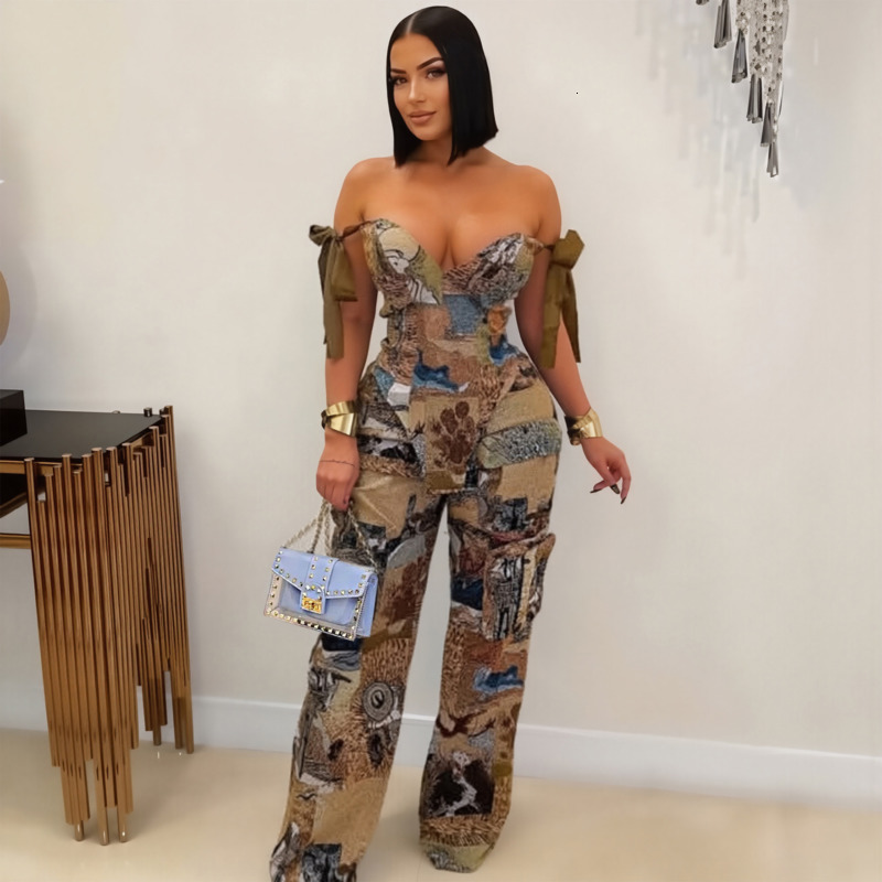 Women Tracksuits Two Pieces Set 2025 New Fashion Printed Oil Painting Pattern Strap Drawstring Multi Pocket Pants Set 6 Colors