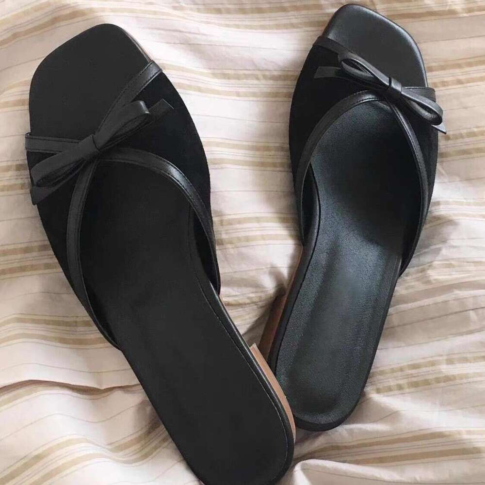Sheepskin Version ~ French Style Bowknot Square Low Heel Flat Open Toe Slip-On Sandals for Women Outdoor 2025 Summer Slippers