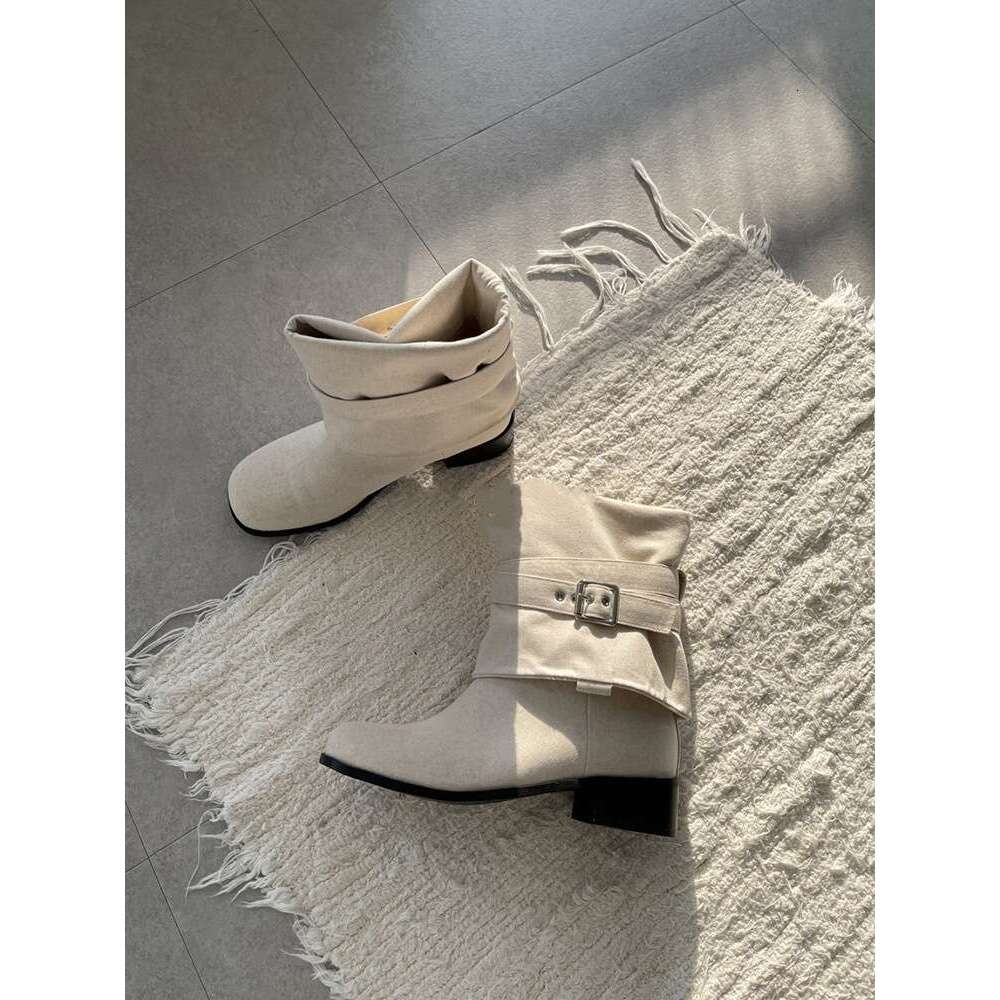 Korean Style Niche Design Turn-up Multiple Wear Fashion Fabric Surface Long Pants Tube Women 2024 Autumn Winter Short Boots