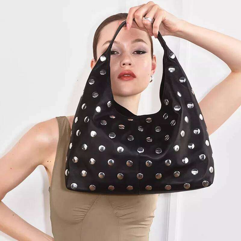 Women's Bags Designer Punk Rivet Tote Bags For Women Half Moon Black Shoulder Soft PU Leather Handbags And Purses High Quality Cloud Bag Shopper