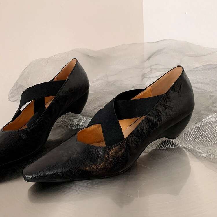 Genuine Leather French Niche Tapered Heel Square Toe Cross Strap Mary Jane for Women 2025 Spring Versatile Mid-Heel Single Shoes