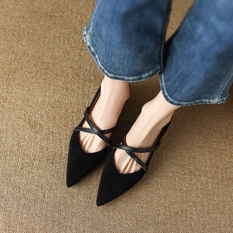 Chengdu Style ~ Pointed Toe Cross Strap Mary Jane Women's Spring Summer Genuine Leather Suede Shallow Mouth Single Shoes
