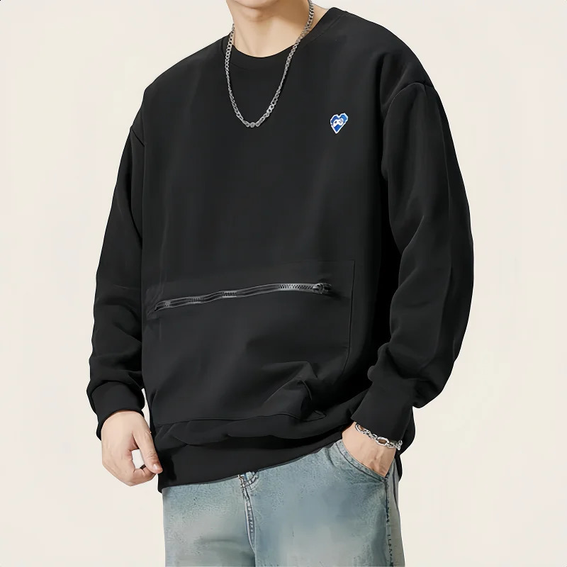 Japanese Style Trend Autumn Cargo Sweatshirts Men Solid O-Neck Zipper Multiple Pockets High Street Long Sleeve Loose Hoodies 250527
