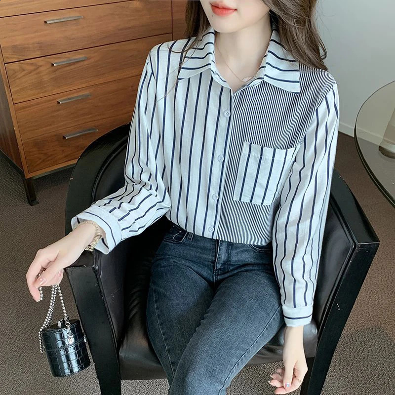 Korean Loose Casual Womens Shirt Blouses Sweet Striped Sweet For Women Top Patchwork Pocket Shirt Summer In Clothes 250529Z