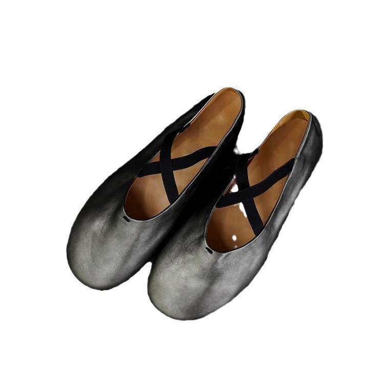 Genuine Leather Niche Round Toe Cross Strap Soft Sole Flat Ballet Shallow Mouth Mary Jane Single Shoes for Women Summer Autumn