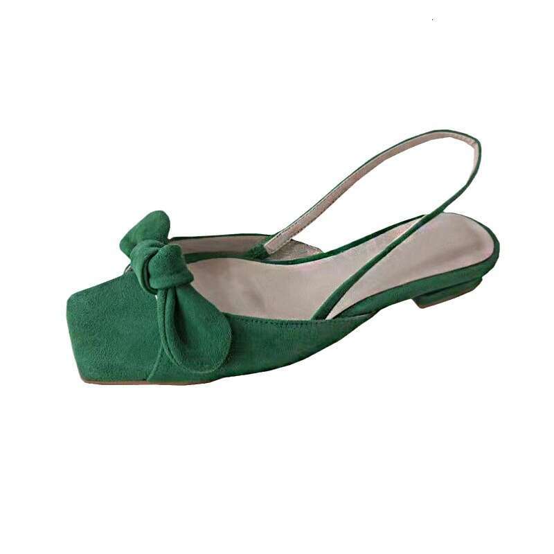 French Style Velvet Green Square Strap Open Toe Sandals for Women Summer Bow Flat Low Heel Slippers