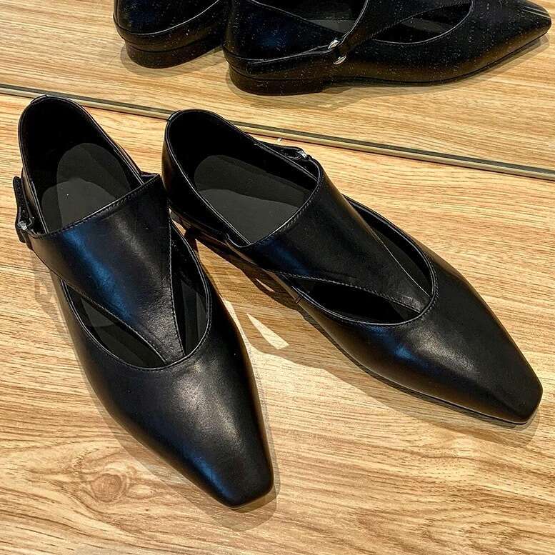 Genuine Niche T-Strap Low Heel Flat Square Toe Women's Spring Autumn New Versatile Loafers Small Leather Shoes