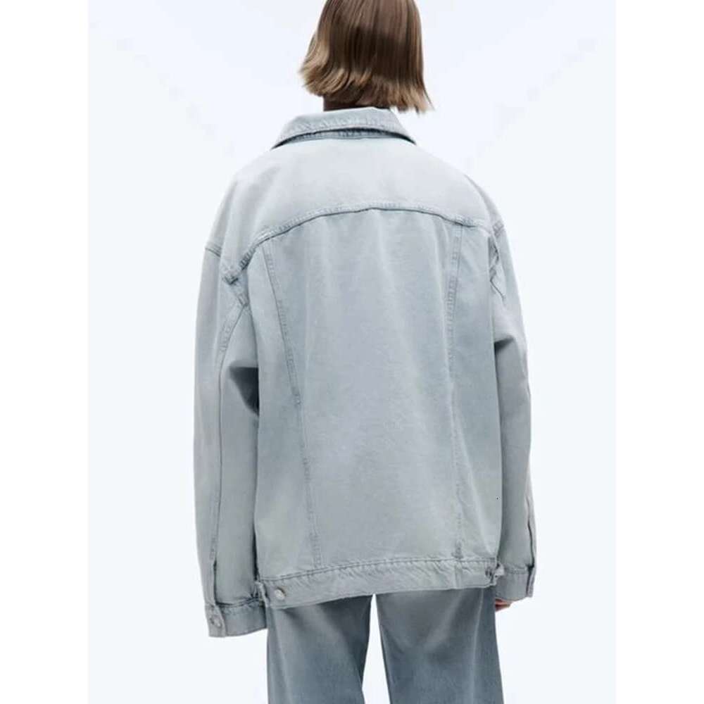 TRAF Women's Fashion Vintage Washed Single Breasted Long Sleeve Lapel Hundreds of Bottom Denim Shirt Jacket