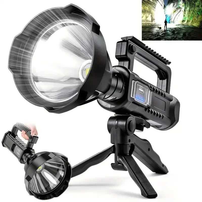 1500000 Lumens Portable Powerful LED Flashlight Handheld Searchlight Rechargeable Super Bright Work Light Flashlight with StandXJ250529