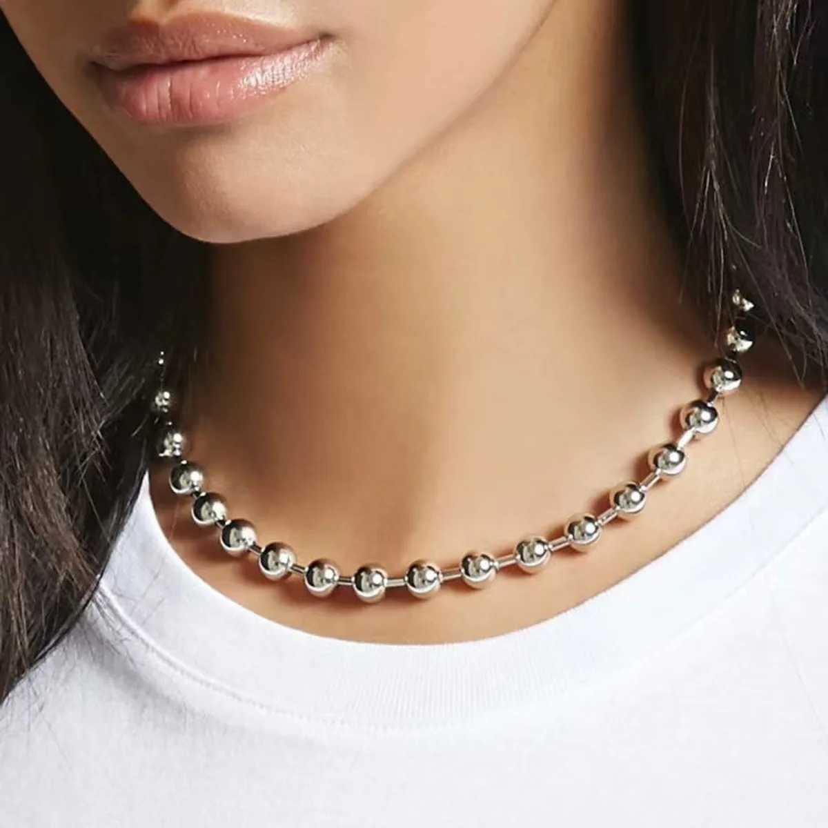 Y2K Statement Ball Chain Choker Necklace Silver Plated Handmade Gothic Unisex Men Women Chunky Jewelry M250529