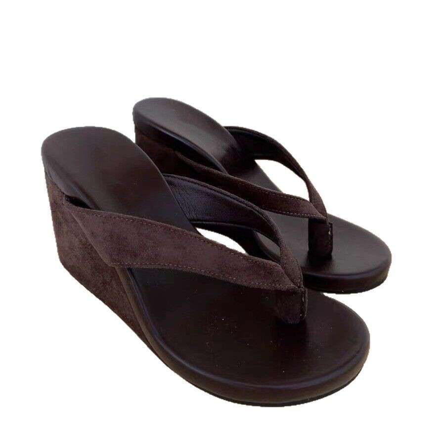Cowhide Version ~ Korean Style Toe Post for Women Outdoor 2025 Summer New Beach High Heel Wedge Sandals