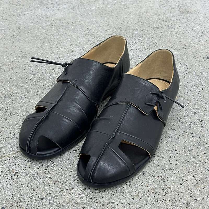 Genuine Leather Niche Design Round Toe Flat Deep Mouth Hollow Out Loafers Women Spring Autumn New Single Shoes