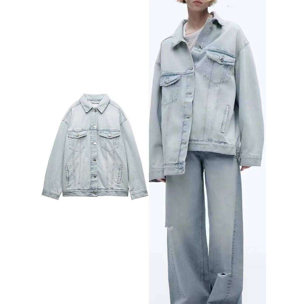 TRAF Women's Fashion Vintage Washed Single Breasted Long Sleeve Lapel Hundreds of Bottom Denim Shirt Jacket